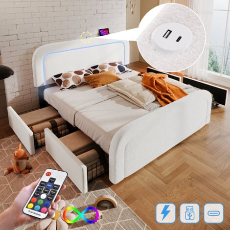 HOMMOO double rembourré 160 x 200 cm avec fonction de chargement USB Type C, éclairage LED et 4 tiroirs, sommier à lattes en bois, blanc, sans matelas