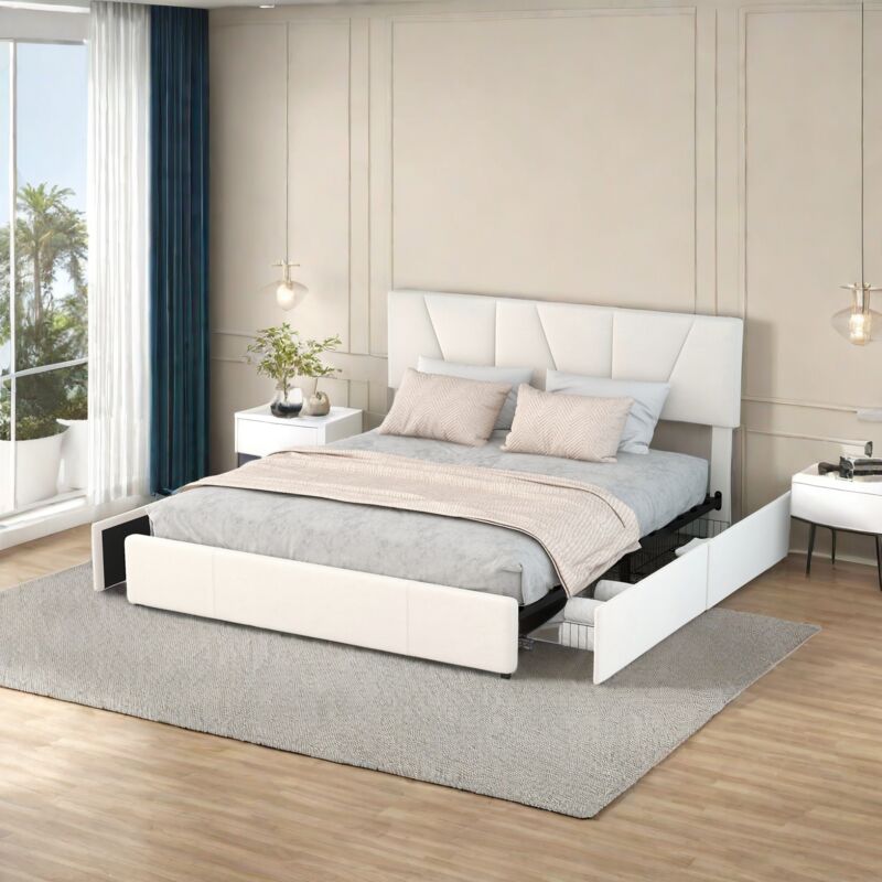 Sureh - Lit 160x200 cm avec tiroirs,lit double avec rangement,cadre de lit avec sommier à lattes,lit double tapissé,lit adulte,4 tiroirs,velours,blanc