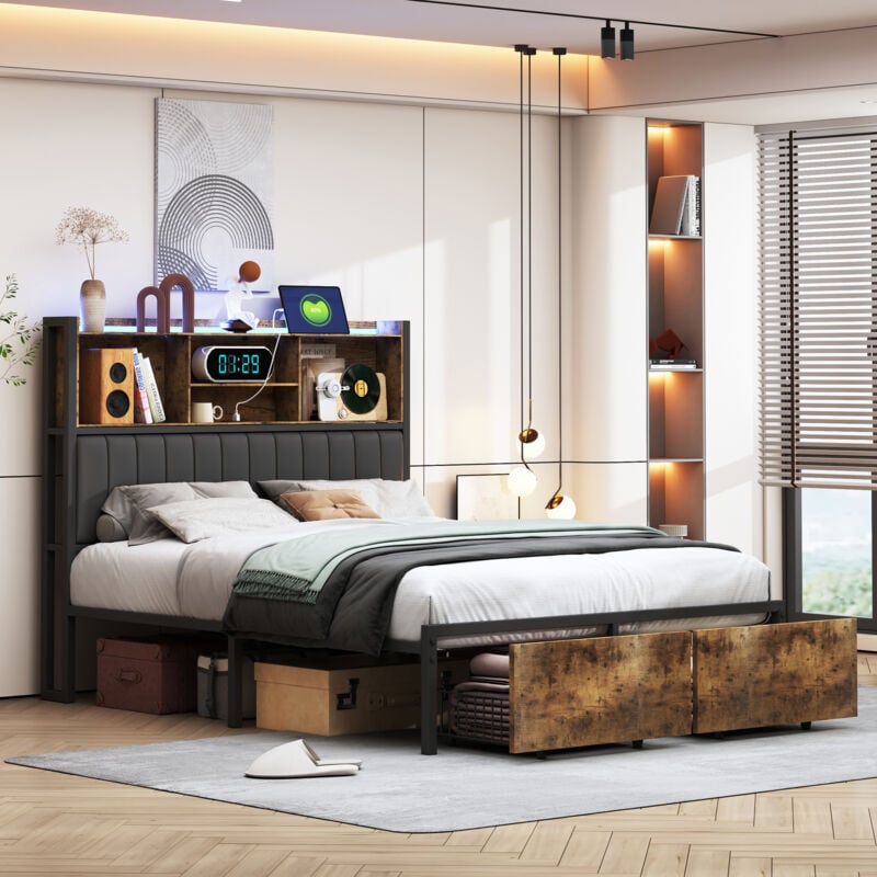 Lit 140x200 cm avec tiroirs, lit double led avec 2 tiroirs, chargement usb et Type-c, sommier à lattes, lit adulte, noir