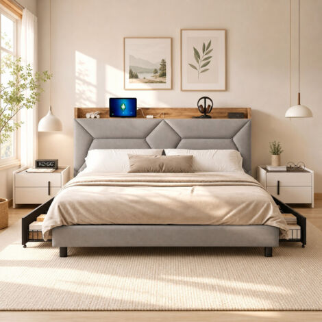 Lit 160x200 cm gris tissu rembourré avec 4 tiroirs, tête de lit USB et étagère cachée extensible, cadre métal robuste sommier à lattes, design moderne intérieur