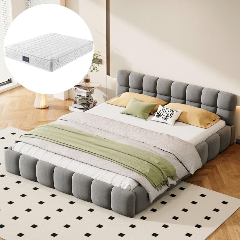 Lit 160x200 cm, lit double 160x200 cm, avec dossier moelleux, cadre rembourré, sommier à lattes, lin, style scandinave - Gris