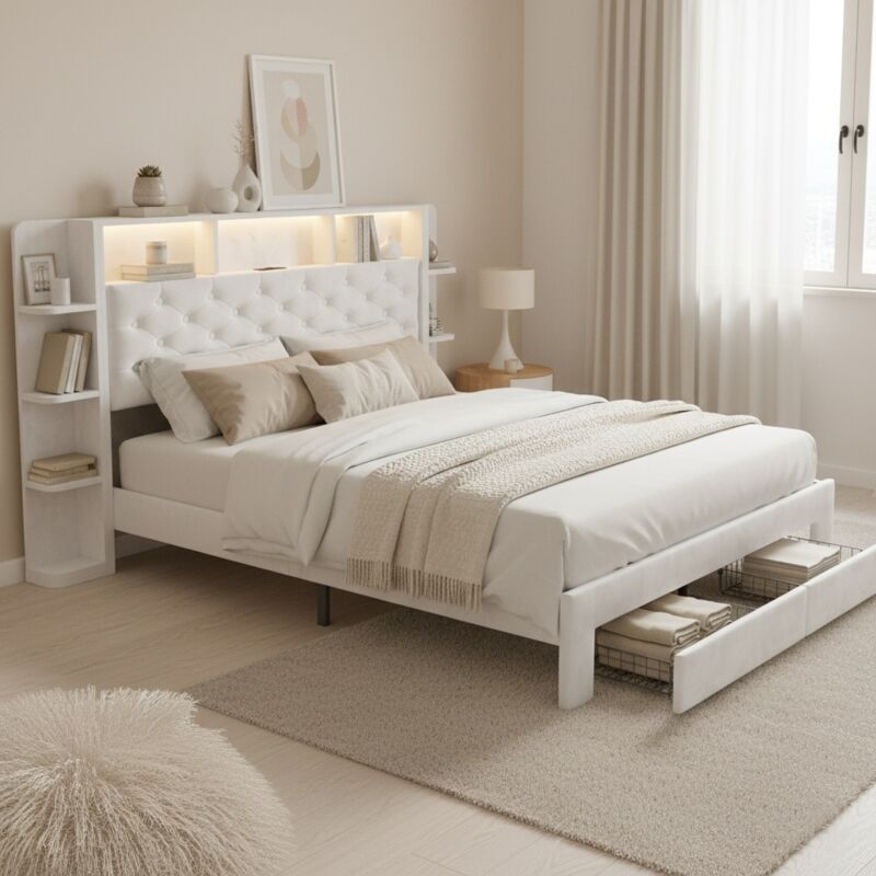 Lit 160x200 cm, lit double 160x200 cm, avec éclairage led, 2 tiroirs, fonction de charge usb, séparateurs ouverts, étagères, lit tiroir - Blanc