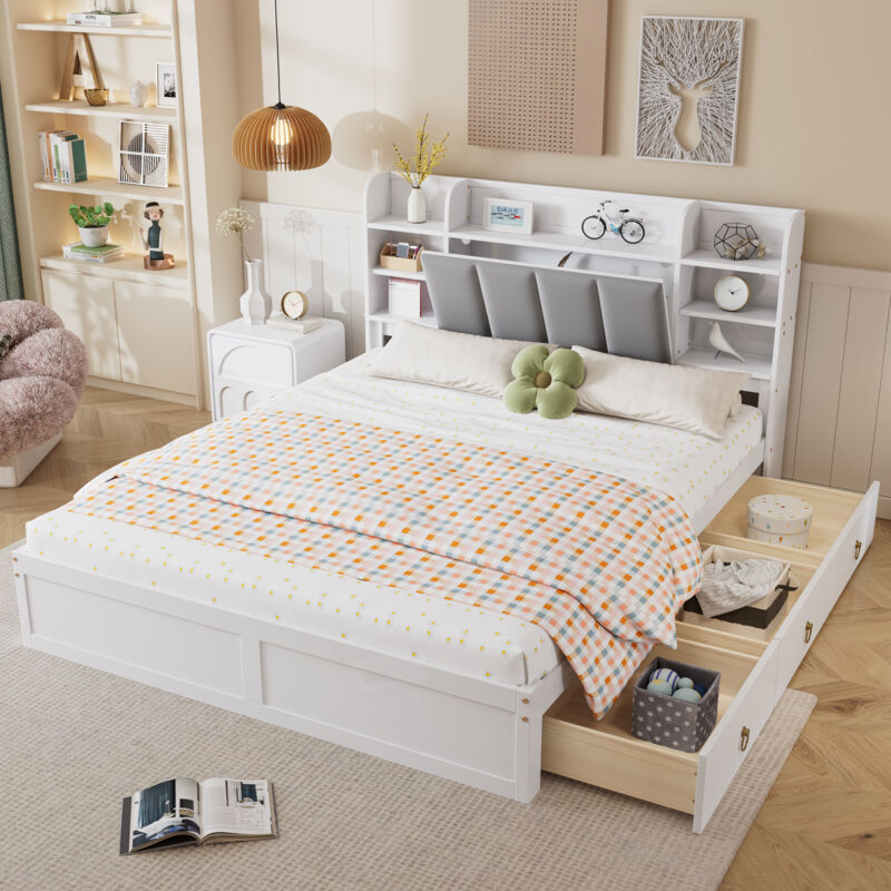 Tanant – Lit double 160x200 cm avec 3 tiroirs – Tête de lit rembourrée en velours – Structure en MDF et bois de pin – Finition laquée blanche