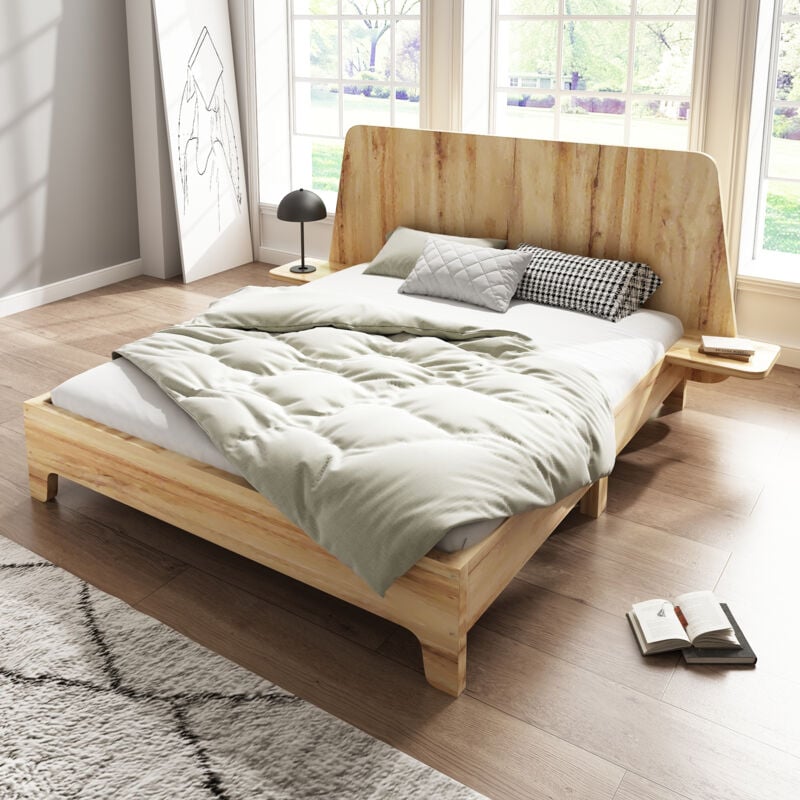 Wishdor - Lit 140x200 cm, lit en bois 140x200 cm avec tête de lit rangement et sommier à lattes, chêne, sans matelas