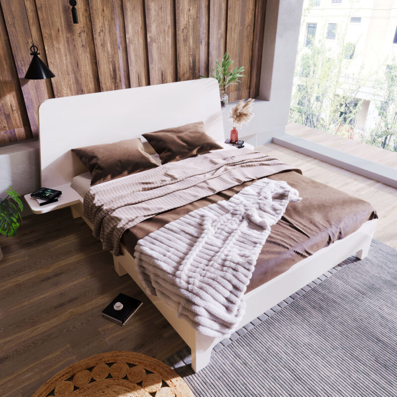 Wishdor - Lit 160x200 cm, lit en bois 160x200 cm avec tête de lit rangement et sommier à lattes, blanc, sans matelas