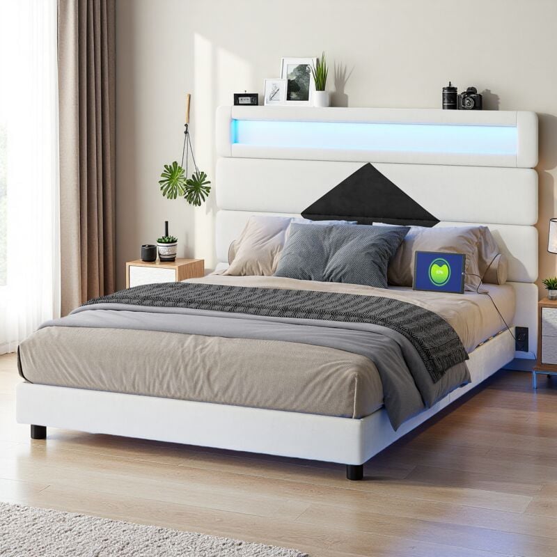 Lit 160x200 cm, avec port de chargement usb et éclairage led, Cadre de lit, lit flottant avec Tête de lit triangle, Sommier à lattes, Lit adulte