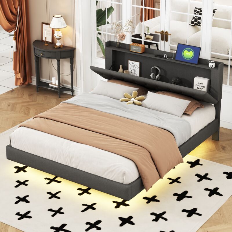 Tanant - Lit 160x200 cm, tête de lit rangement avec port de charge usb et bande lumineuse led à couleur changeante, Lit double avec sommier à lattes,