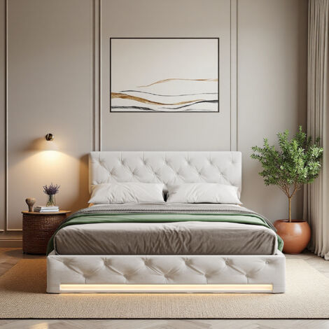 Lit 160x200 cm - tissu en lin - LED - sommier - lit double 160x200 cm - beige