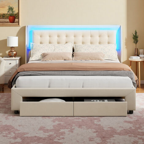 Lit 160x200 cm - tissu en velours - LED ET 2 tiroirs - sommier - cadre de lit adulte 160x200 cm - Beige