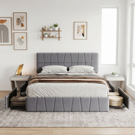 Lit 160x200 cm, tissu velours gris, tête de lit capitonnée, 4 tiroirs de rangement coulissants, cadre métal, sommier à lattes, design moderne
