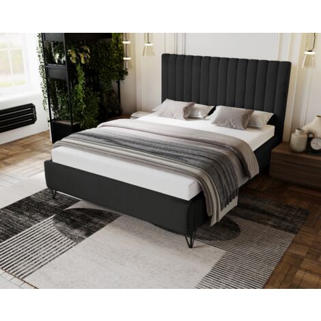 Lit 160x200 Florence - Lit Double avec Sommier à Lattes & Pieds de 15 cm - Noir (Magic Velvet 2219)