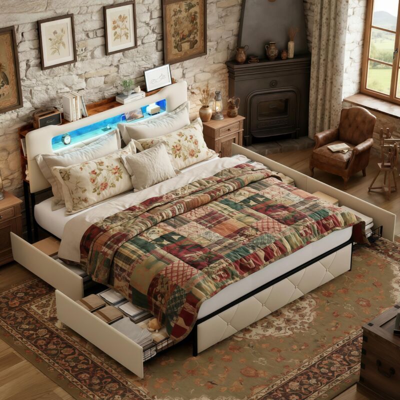 Lit 160x200, lit avec tiroir 160x200, tête de lit avec éclairage LED réglable et port USB, dossier moelleux, velours, sommier à lattes, lit avec