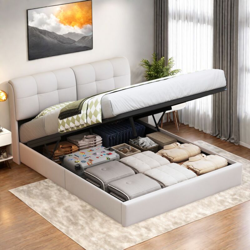 Sureh - Lit 140x200, Lit coffre 140x200, lit double avec rangement, éclairage led, lit adulte rembourré, sommier à lattes, Velours, Beige