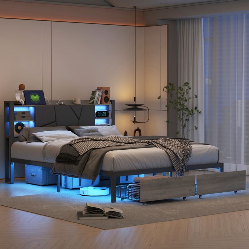 Lit 140x200cm avec 2 tiroirs, tête de lit avec éclairage led et port de recharge ubs, cadre de lit en fer, sommier à lattes, lit adulte, Moderne