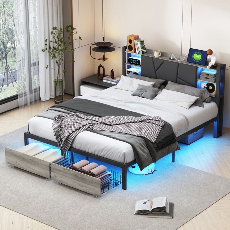 Tanant – Lit adulte 160x200cm avec 2 tiroirs – Éclairage LED multicolore – Port USB intégré – Cadre en fer – Sommier à lattes – Moderne – Noir