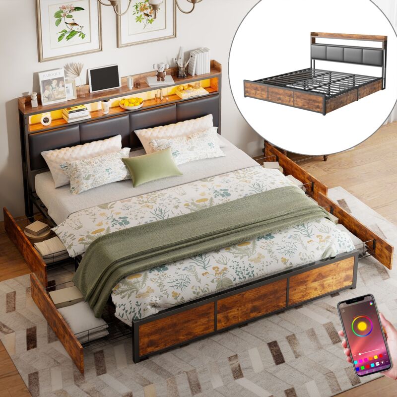 Dans Les Nuages – Lit 180x200 cm avec 4 tiroirs – Éclairage LED ajustable – Tête de lit capitonnée simili cuir – Cadre métal et bois – Style