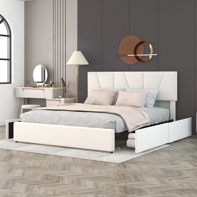 Lit 160x200 cm, avec 4 tiroirs, sommier à lattes en bois, grand espace de rangement, cadre en métal, lit double capitonné en velours - Beige