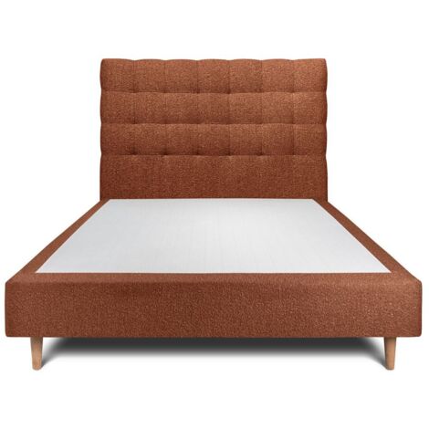 Lit 160x200cm avec tête de lit capitonnée bouclette et sommier tapissier terracotta - Hauteur totale : 35cm