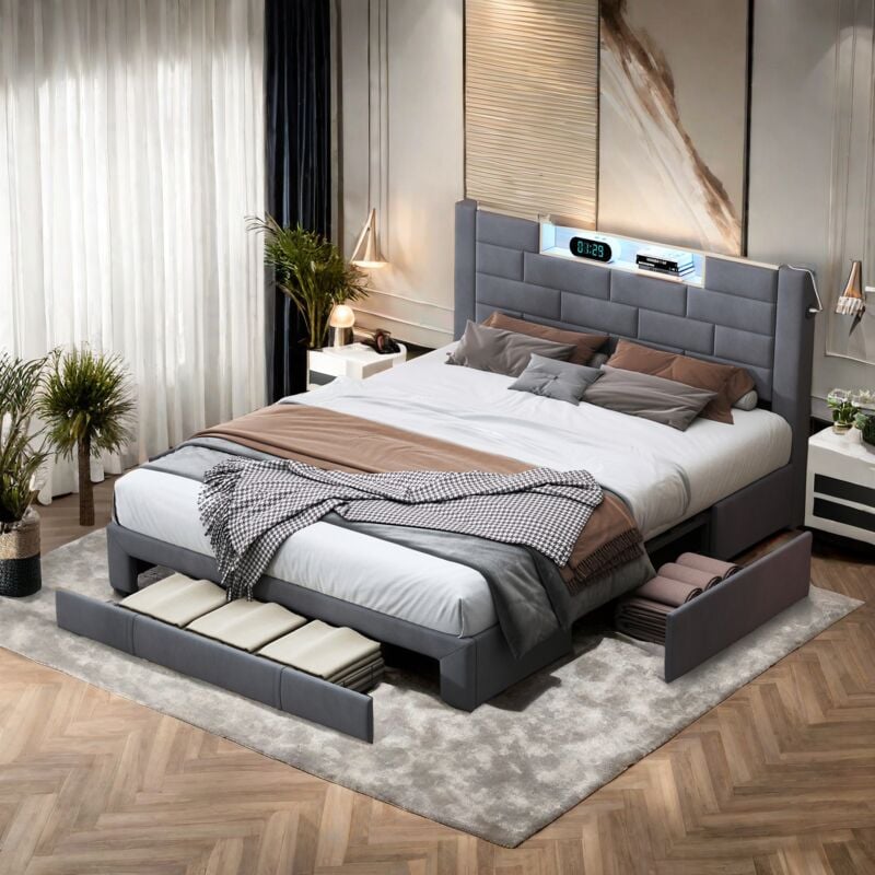 Lit 160x200cm avec tiroirs, lit led avec tête de lit, port de charge usb et Type-C, sommier à lattes, lit adulte, gris.