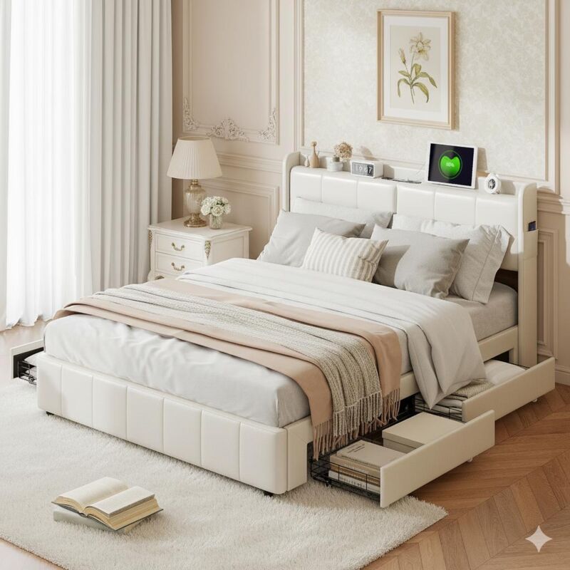 Lit 160x200cm - Lit Double avec 4 Tiroirs de Rangement, Tête de Lit avec Ports USB et Lumière Tactile - en Similicuir Blanc