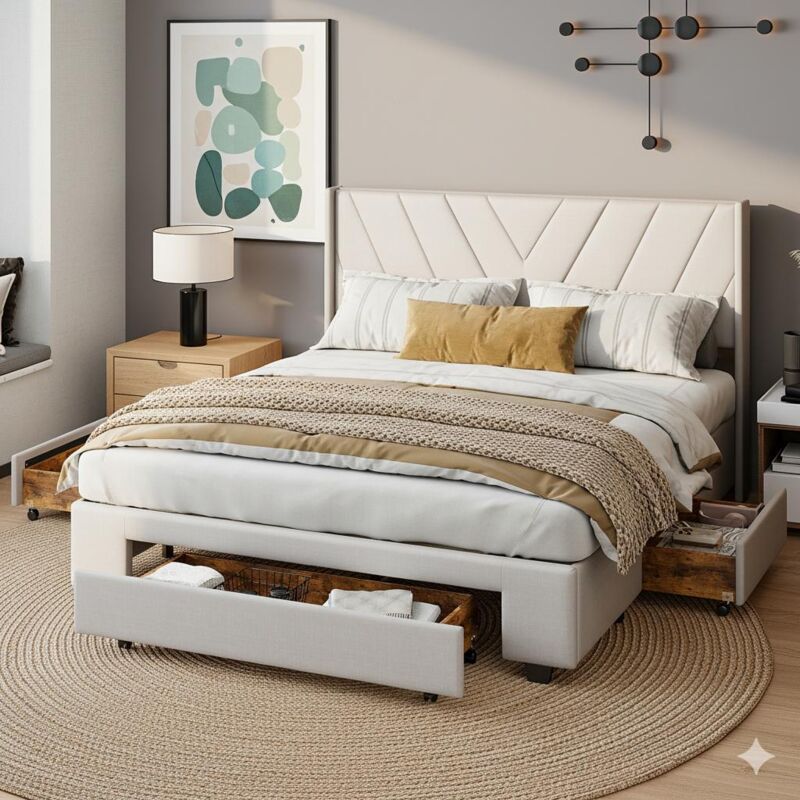 Lit 140x200cm - Lit Double / Cadre de Lit 140x200 - avec Tiroirs de Rangement - Lin Beige