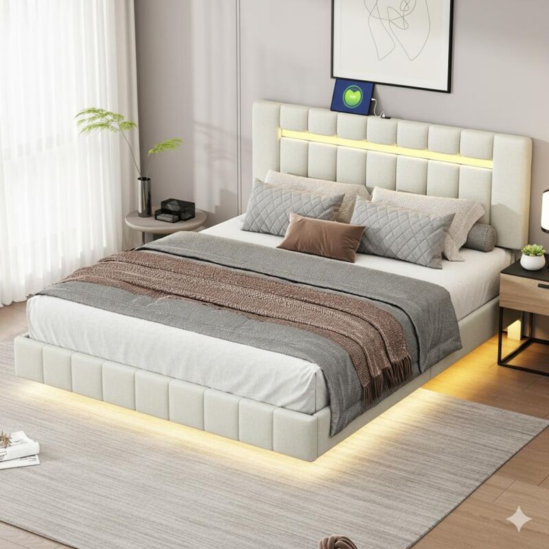 Lit 160x200cm - Lit Double / Lit Flottant 160 et Sommier - Cadre de Lit Moderne - Tête de Lit avec LED et Ports USB - Lin Beige