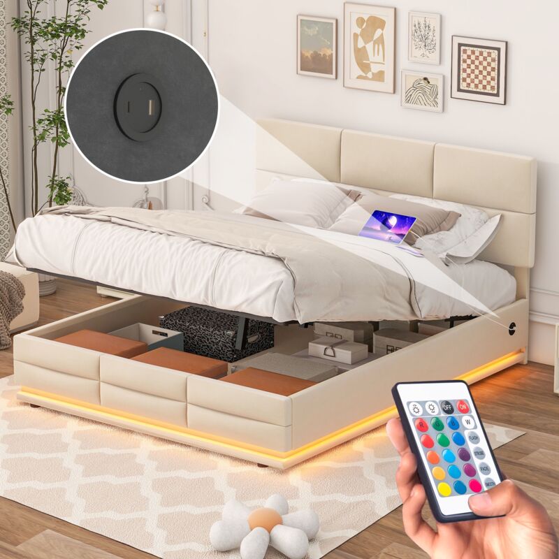 Tanant - Lit coffre 160x200cm, avec sommier à lattes, tête de lit avec ports de recharge led et usb, rangement hydraulique, tissu velours, lit adulte