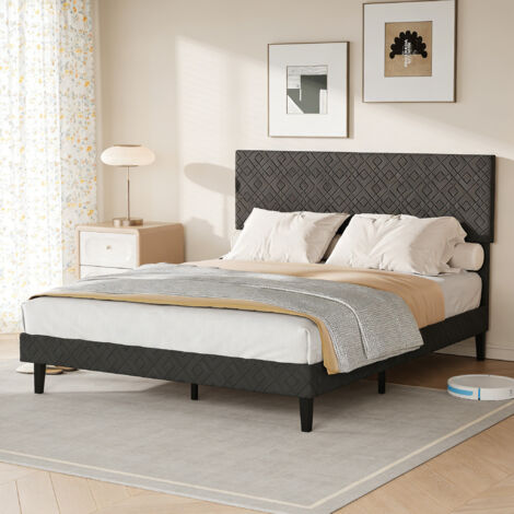 Lit 160x200cm,Tête de Lit Capitonné,Structure Robuste,Cadre de Lit Adulte Double avec Sommier,Scandinave Moderne,Lit 2 Place,Tissu Lin,Gris