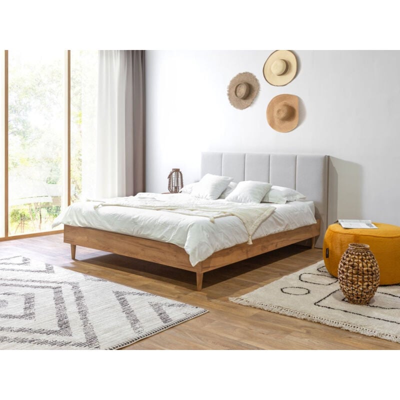 Bobochic - Lit olympe tête de lit avec rangement lattes massives et pieds en bois naturel 140x190 Beige