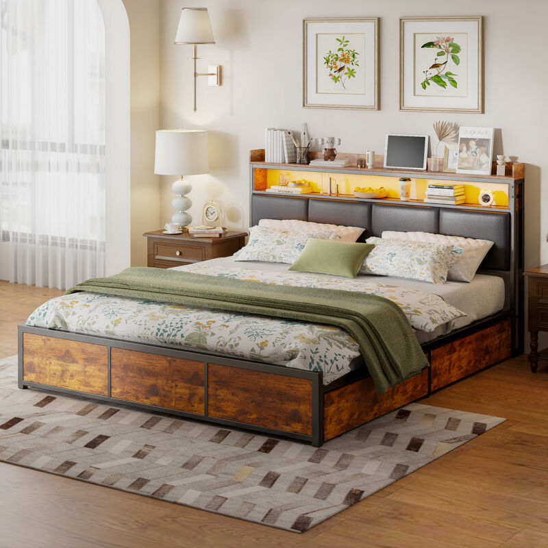 Sureh - Lit 180 x 200 avec led et tiroirs, cadre de lit en métal 180x200 avec sommier, 4 tiroirs, bois+métal, lit double rembourré pour adulte, ado,