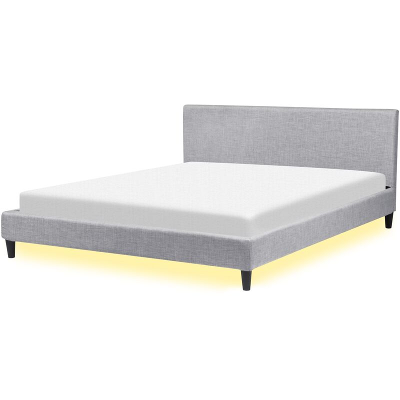 Lit 180x200 cm avec LED blanc en tissu gris clair FITOU
