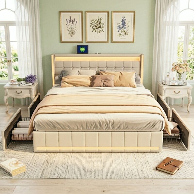 Lit 180x200 avec tiroirs,lit capitonné,lit double,lit adulte,avec LED réglable et chargement USB,sommier à lattes,tissu en lin,beige