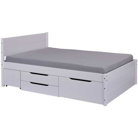 Lit 180x200 cm avec chevet et tiroirs en pin blanc vernis - FETY