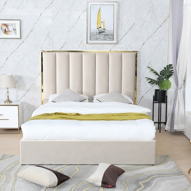 Meubler Design - Lit Coffre Effet Laiton Et Velours Maria - Gris - 160x200, Velours, Style Art déco, 213 x 170 x 140 cm