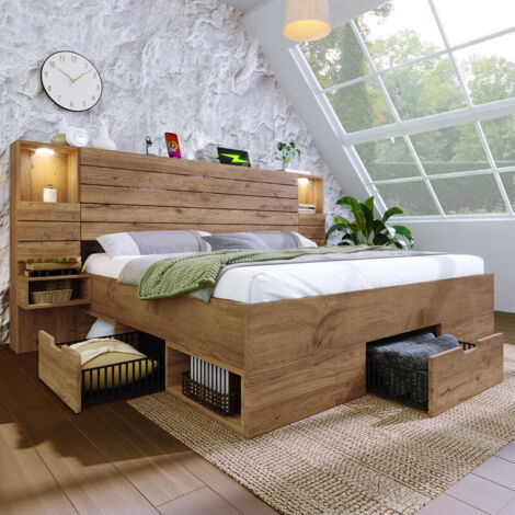 Lit 180x200 cm avec éclairage LED et USB, Lit Coffre avec chevets suspendus et rangements intégrés et tête de lit, aspect chêne (sans Matelas)
