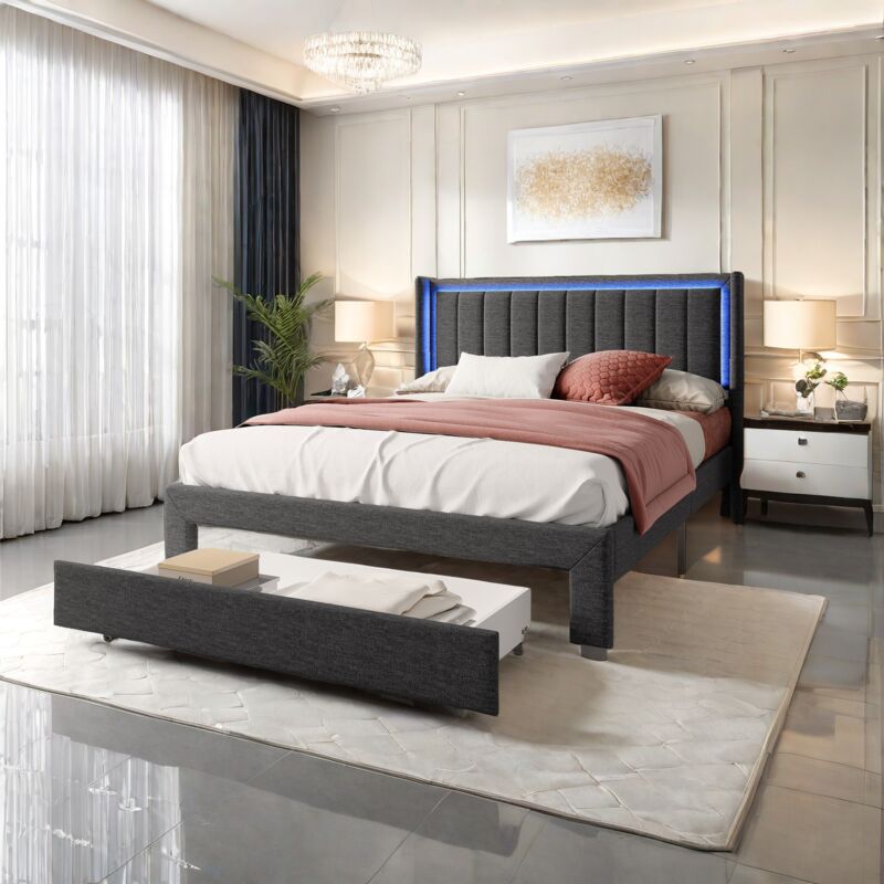 Lit 180x200 cm avec tiroirs,lit coffre avec tiroirs,chargement usb et Type C,lit 2 Personnes,lit rembourré,cadre de lit avec sommier à lattes,gris