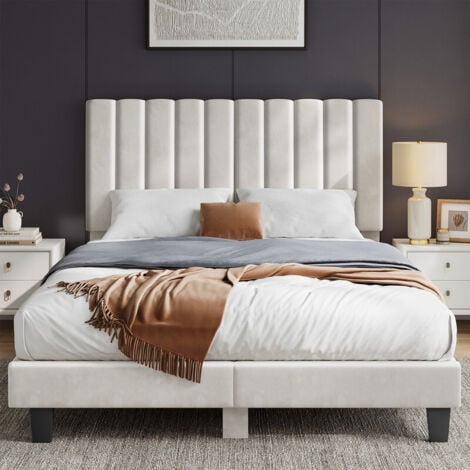 140x190 cm INRE, avec Tête de Lit en Tissu, Lit Double Capitonné avec Sommier à Lattes, Lit Adulte pour 2 Personnes Beige