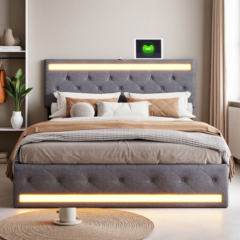 Lit 180x200 cm - tissu en lin - LED ET USB - cadre de lit adulte 180x200 cm - Gris