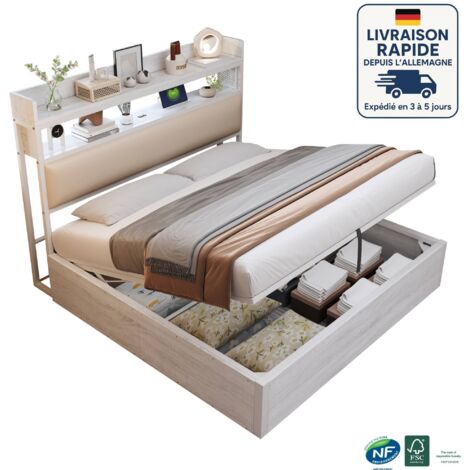 Lit 180x200 - Lit coffre- simili cuir - Design vintage en bois et métal - Port de chargement USB - hydraulique - Blanc