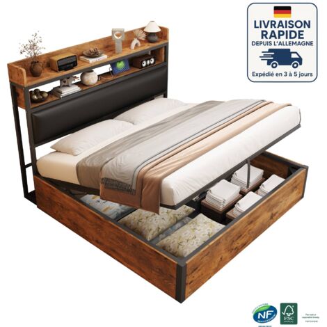 Lit 180x200 - Lit coffre- simili cuir - Design vintage en bois et métal - Port de chargement USB - hydraulique - Noir