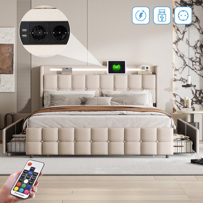 Lit 180x200 cm, 2 places, avec 4 tiroirs de rangement, éclairage led, usb charge, sommier à lattes en bois, lit double capitonné en lin - beige