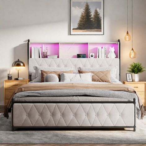 Lit 180x200cm avec sommier LED et USB, Lit double rembourré avec 4 tiroirs et tete de lit de rangement, Sans matelal, Tissu en velours, Beige