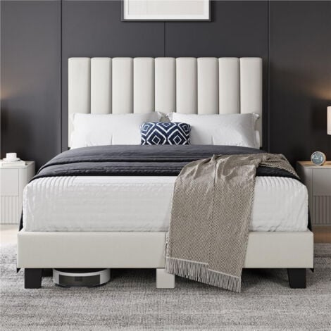 190x200 cm INRE, avec Tête de Lit en Tissu, Lit Double Capitonné avec Sommier à Lattes, Lit Adulte pour 2 Personnes Beige