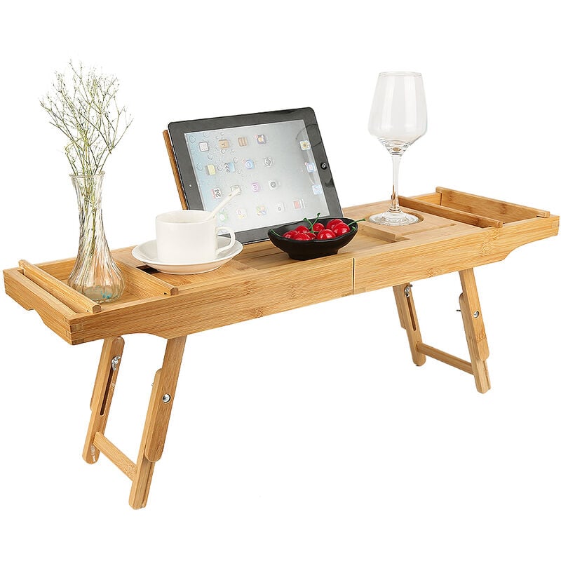 Lit 2 en 1 et Plateau de Bain, Support de Baignoire en Bois avec Pieds Pliants, Étagère de Pont en Bambou avec Support pour Livre ou Tablette,
