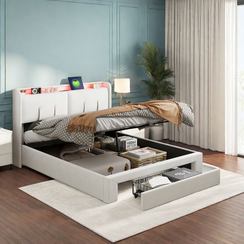Lit 2 Personnes 160 x 200 avec rangement tête de lit et tiroirs,lit coffre avec led et ports USB,cadre de lit 160x200 avec sommier,lit