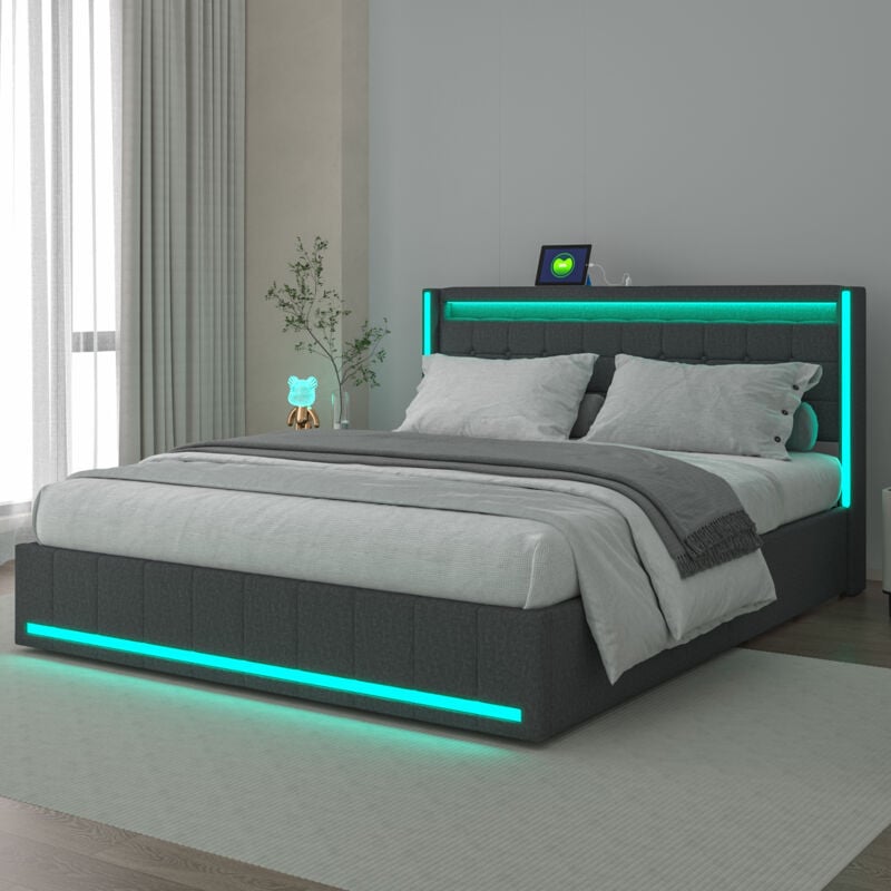 Lit 2 Personnes 140 x 200 avec sommier et tiroirs, lit 140x200 avec tête de lit et led, ports usb, cadre de lit avec sommier à lattes, lin, lit