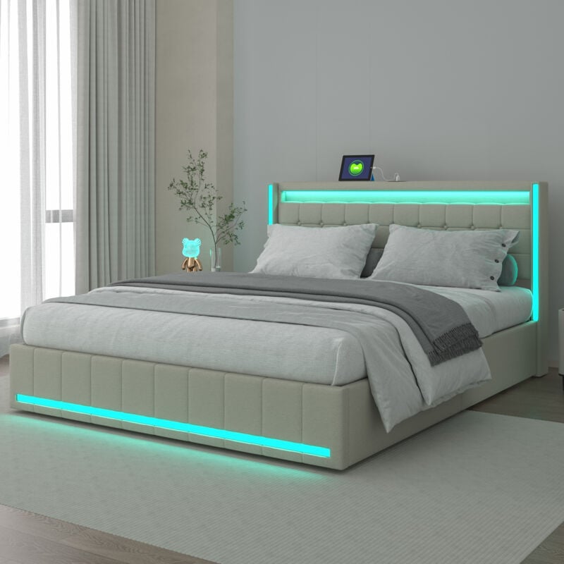 Lit 2 Personnes 160 x 200 avec sommier et tiroirs, lit 160x200 avec tête de lit et led, ports usb, cadre de lit avec sommier à lattes, lin, lit