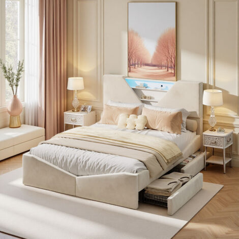 Lit 2 Personnes 140x190cm avec 4 Tiroirs, Lit Capitonné avec Éclairage LED et port USB, Tête de Lit avec Rangement Ouvert, Sommier à Lattes, Velours, Blanc Cassée