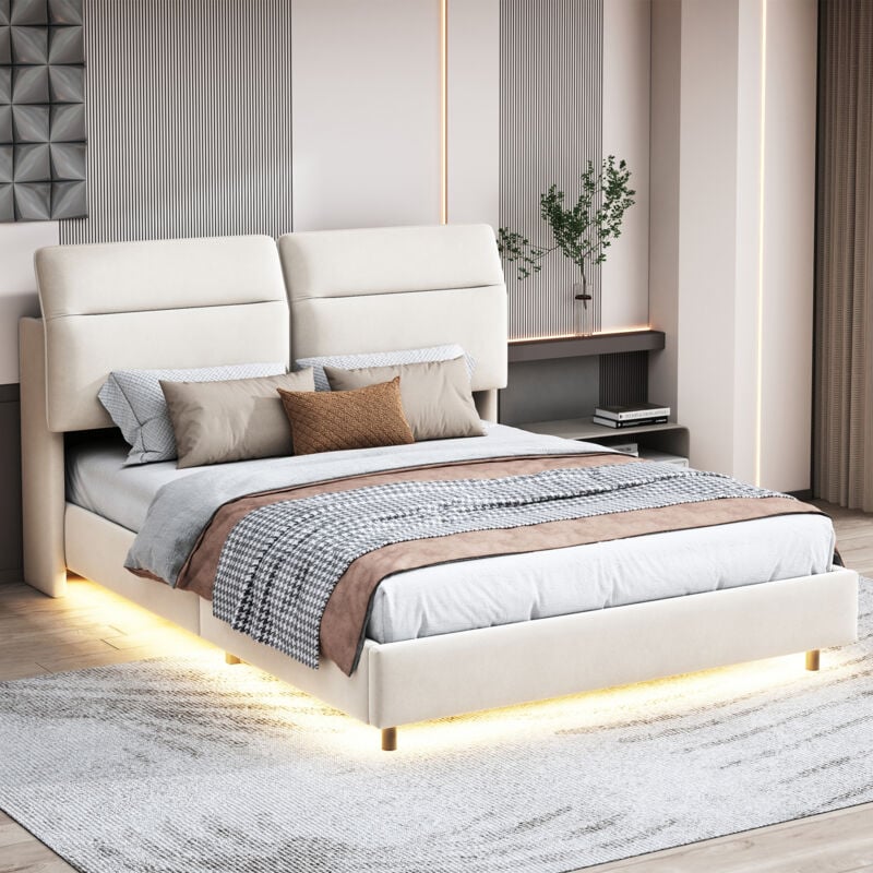 Lit 2 Personnes 160 x 200 avec tête de lit rembourrée et sommier à lattes, coussin moelleux pouvant être plié, lit 160x200 avec sommier, led, cadre