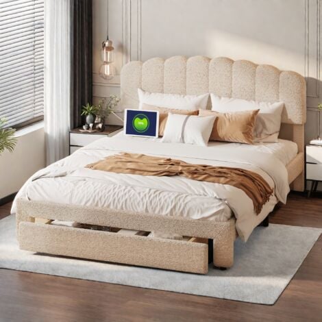 lit 2 Personnes 160 x 200 cm avec tiroirs,lit coffre moderne avec tiroir de rangement,chargement USB et Type C,cadre de lit avec sommier à lattes,tête de lit réglable en hauteur,velours teddy,beige